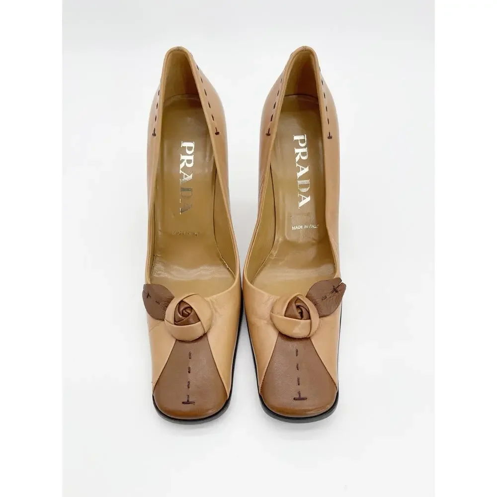 Prada Vintage Tan Brown Leather Square Toe Rosette High Heel Pumps IT 37.5